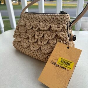 NWT PATRICIA NASH Leather Bacoli Trimmed Scalloped Raffia Crossbody Natura  $140